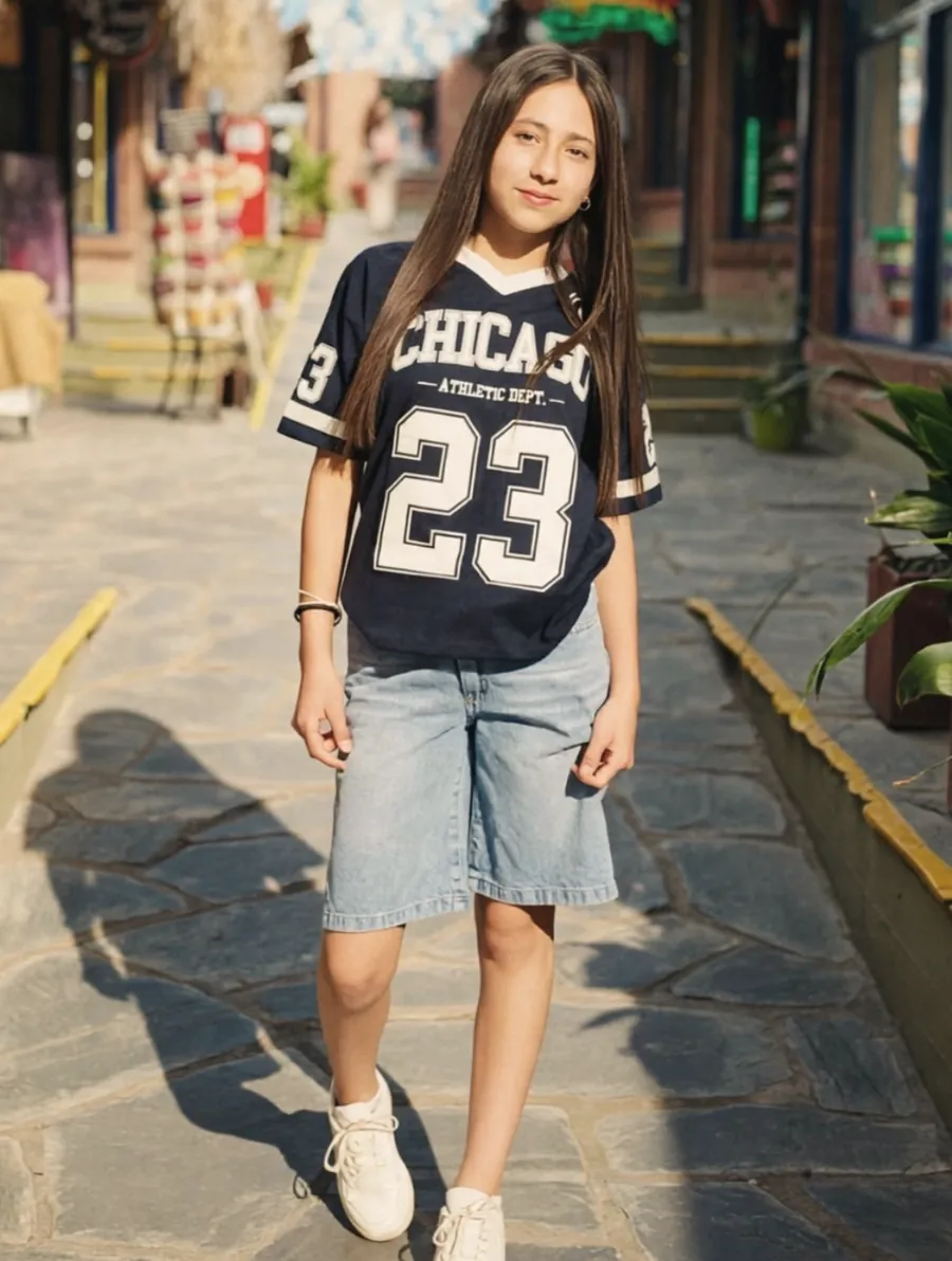 Chica con camiseta azul marino Chicago 23 y bermuda de jean en la peatonal